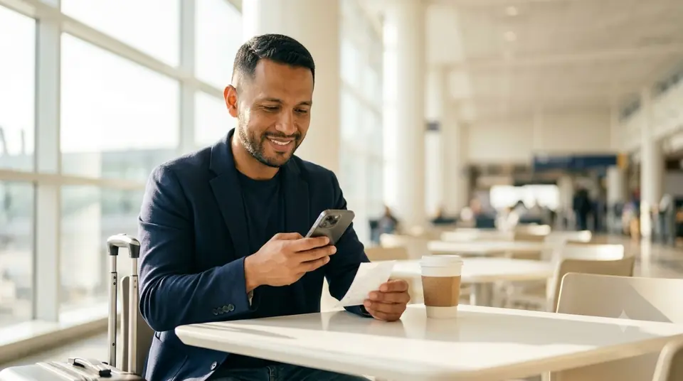 Ejecutivo en el aeropuerto registrando un tiquete de gasto con el celular