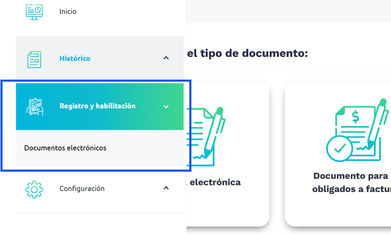 Menu lateral del portal: Registro y habilitacion, Documentos electronicos