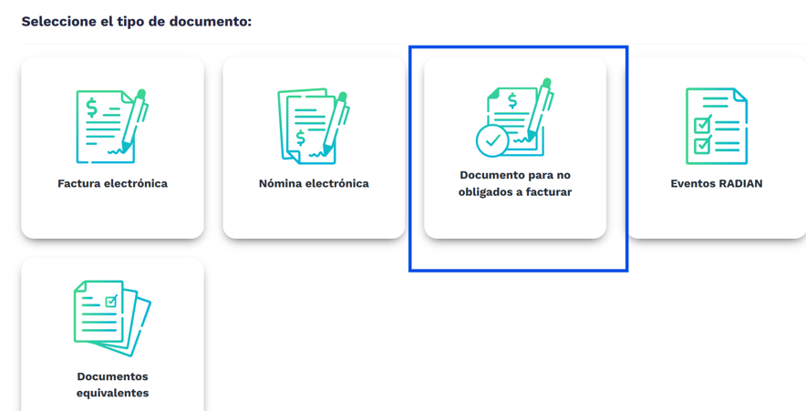 Selector de tipo de documento con Documento para no obligados a facturar