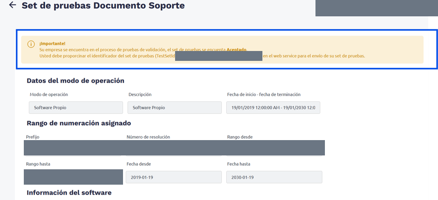Set de pruebas de documento soporte con el TestSetId tapado