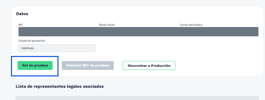 Datos del contribuyente con el boton Set de pruebas