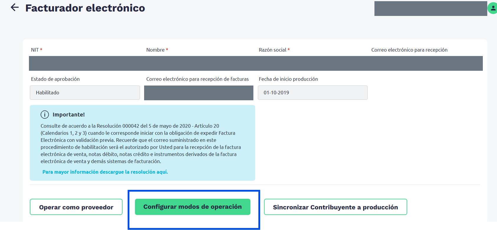 Pantalla Facturador electrónico con el botón Configurar modos de operación