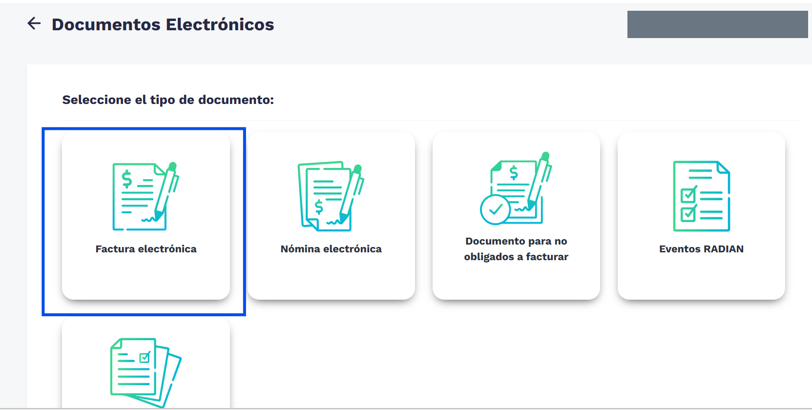 Selector de tipo de documento con Factura electrónica resaltada