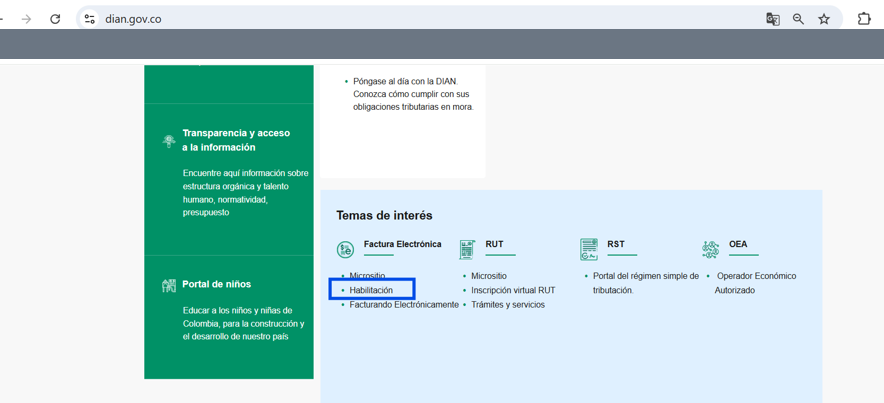 Portal de la DIAN con la opcion Habilitacion señalada dentro de Factura electronica