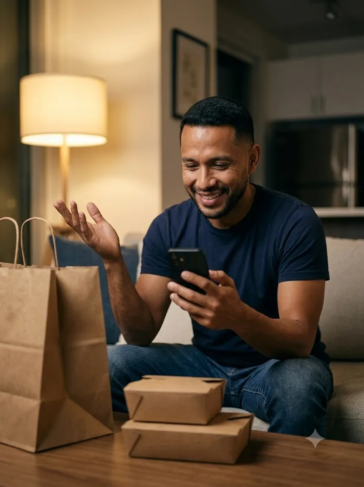 Hombre en su sala revisando el celular junto a los domicilios que acaba de recibir