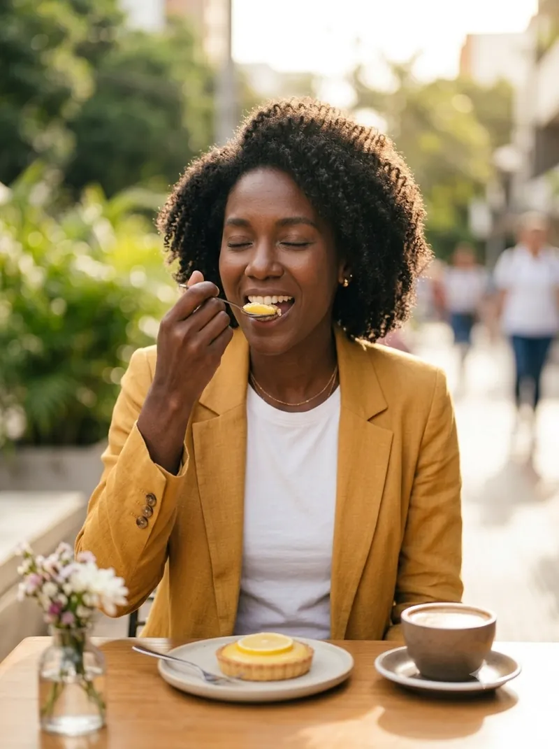 Mujer disfrutando un postre y un café en la terraza de un local